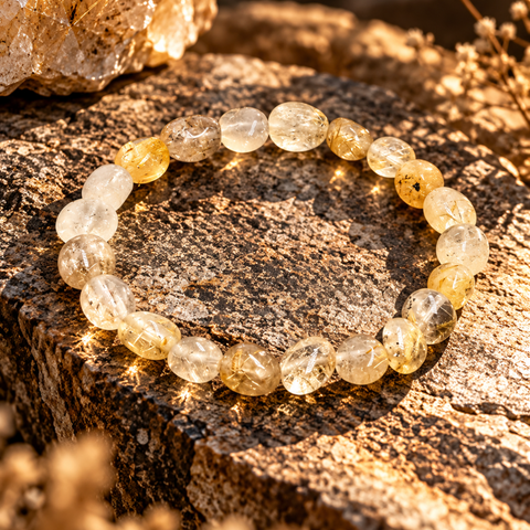 AUREO Goldrutilquarz Armband von AVRE Studios mit transparenten Natursteinen und feinen goldfarbenen Rutil-Einschlüssen