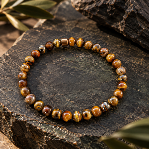 Atacama Tigerauge Armband mit 6-mm-Perlen in Gold-, Honig- und Brauntönen auf dunklem Naturstein.