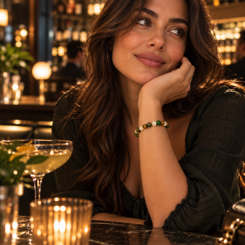 Frau trägt das Elarûn Mixed Naturstein Armband mit grünen, goldbraunen und transparenten Perlen in stilvoller Bar.