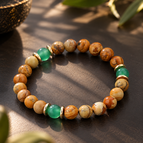 KUNENE Aventurin & Landschaftsjaspis Armband mit grünen Aventurin- und braun-beigen Jaspisperlen sowie goldfarbenen Details.