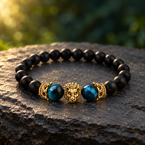 LEONIS Blue Löwenkopf Armband mit mattschwarzen 8-mm-Perlen, blauem Tigerauge und goldfarbenem Löwenkopf.