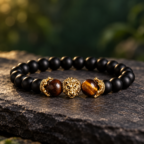 LEONIS Gold Löwenkopf Armband mit mattschwarzen 8-mm-Perlen, braun-goldenem Tigerauge und goldfarbenen Details.