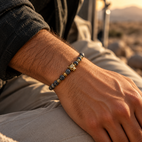 Mann trägt ONYRÂME Gold Armband mit schwarzen Crackle-Perlen und goldenem Leopardenkopf.