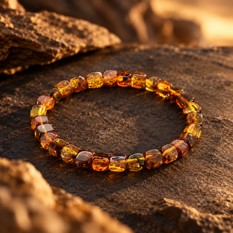PALANGA Naturbernstein Armband mit honig-, gold- und cognacfarbenen Bernsteinsteinen in ca. 6 mm.