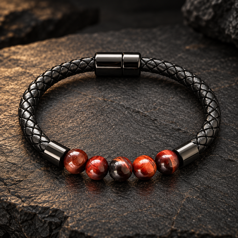 ROAN Armband mit roten und dunkelrot schimmernden Tigerauge-Perlen und schwarzem geflochtenem Band.