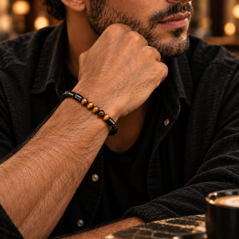 Mann trägt das SAAN Tigerauge Armband mit fünf goldbraunen Tigerauge-Perlen und schwarzem geflochtenem Band.