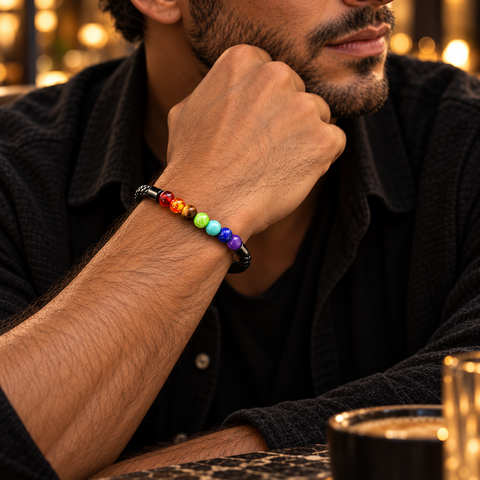 Mann trägt das Siebenwelten 7 Chakra Naturstein Armband mit sieben verschiedenfarbigen Steinperlen und schwarzem geflochtenem Band.