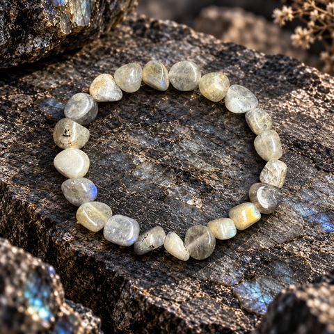 KAAMOS Labradorit Armband von AVRE Studios mit grau schimmernden Natursteinen und bläulichen Lichtreflexen