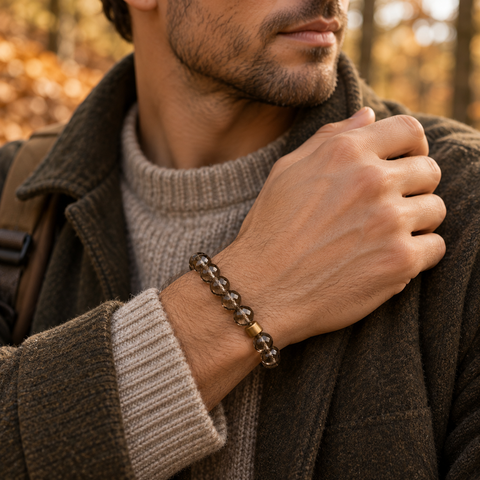 Mann trägt das Kalahari Rauchquarz Armband von AVRE Studios bei einem herbstlichen Spaziergang.