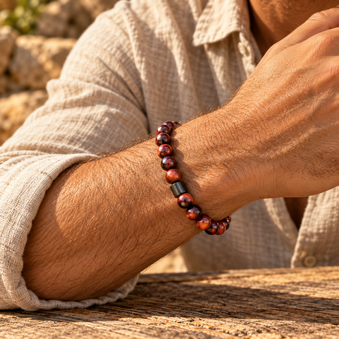 Mann trägt Uluru Tigerauge Armband mit 8 mm Perlen in warmen rotbraunen Tönen