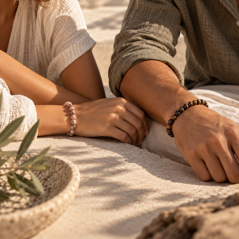 Frau und Mann tragen neue Natursteinarmbänder von AVRE Studios