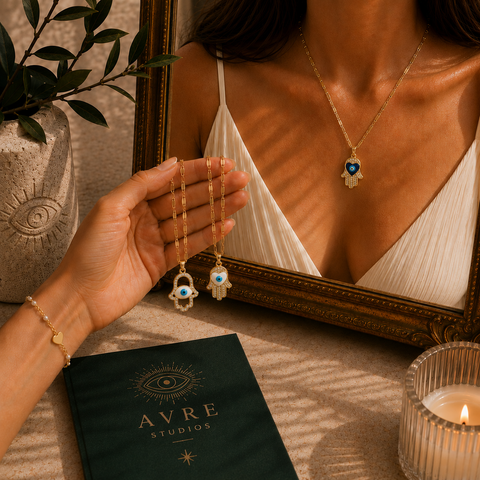 Elegante goldfarbene Hand der Fatima Halsketten mit blauem Nazar-Auge in luxuriöser Spiegelinszenierung. Warme Beige- und Grüntöne, dekorative orientalische Elemente und stilvolle Schmuckpräsentation mit Kerzenlicht und AVRE Studios Branding.
