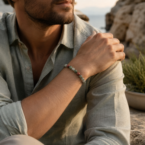 Mann präsentiert das African Bloodstone Natursteinarmband mit 6 mm großen grünen, grauen und roten Natursteinperlen in einer sonnigen, felsigen Küstenlandschaft.