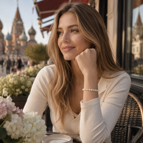 Blonde Frau trägt das Aqua Terra Jasper Natursteinarmband mit 8 mm großen, pastellfarbenen Perlen am Handgelenk in einem sonnigen Stadtcafé vor markanter russischer Architektur.