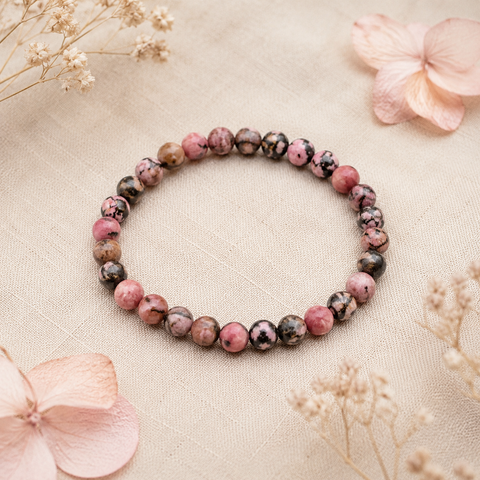 Filigranes Black Veined Rhodonite Natursteinarmband mit 6 mm großen Perlen in Rosa, Altrosa, Braun und Schwarz auf hellem Leinen mit dezenten Naturblumen.