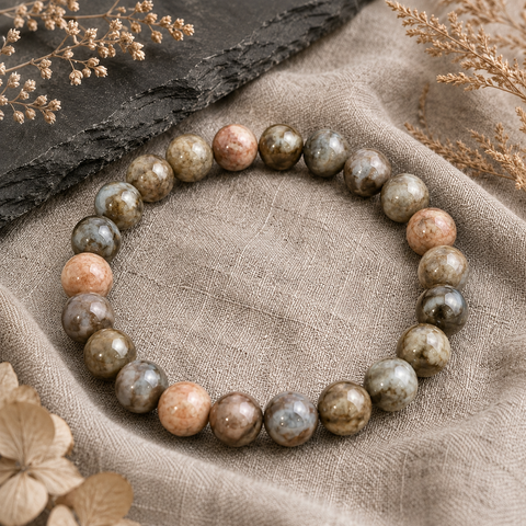 Blue Que Sera Opal Natursteinarmband mit 8 mm großen, polierten Perlen in Blau-, Rosa-, Creme- und grauen Erdtönen, stilvoll auf beigem Leinen mit dunklem Stein und getrockneten Pflanzen inszeniert.