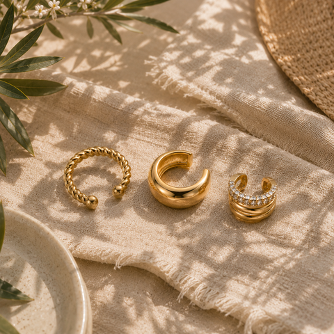 Vergoldetes Ear Cuff Set Camille mit Kristallbesatz bestehend aus drei modernen Ear Cuffs in Gold. Eleganter Ohrschmuck auf beigem Stoff mit mediterranem Sommer-Ambiente und natürlichen Grüntönen.