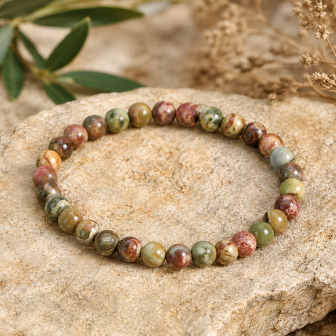Filigranes Cherry Greek Jasper Armband mit 6 mm großen Natursteinperlen in Grün-, Rot-, Braun- und Sandtönen, hochwertig auf einem natürlichen Stein mit dezenten Pflanzen und warmem Licht inszeniert.