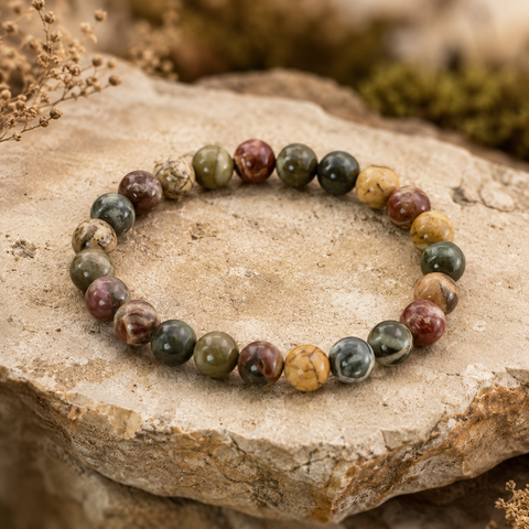 Cherry Greek Jasper Armband mit 8 mm großen, polierten Natursteinperlen in erdigen Grün-, Rot-, Braun- und Beigetönen, natürlich auf einer rauen Steinoberfläche mit Pflanzen präsentiert.
