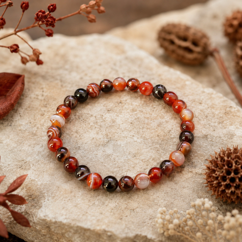 Dream Banded Agate Natursteinarmband mit 6 mm großen, individuell gebänderten Perlen in Rot, Orange, Braun, Creme und Schwarz auf einer hellen Natursteinfläche mit herbstlichen Pflanzenelementen.