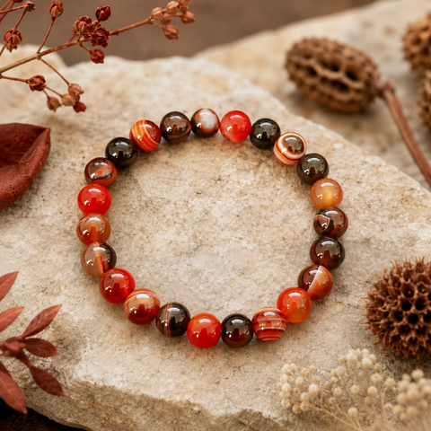 Natursteinarmband aus Dream Banded Agate mit 8 mm großen, polierten Perlen und abwechslungsreichen Streifenmustern in kräftigem Rot, warmem Orange, Dunkelbraun und Schwarz, natürlich inszeniert.