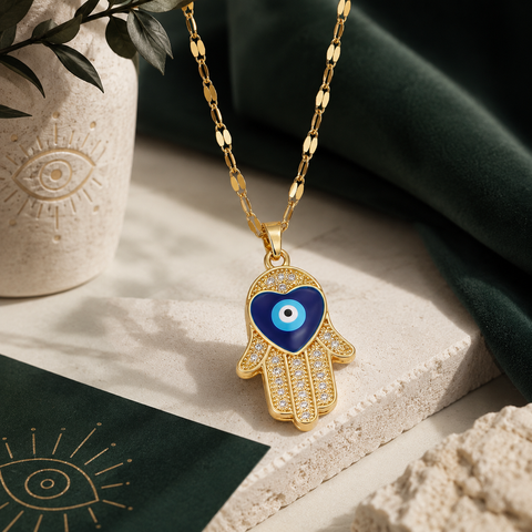 Luxuriöse goldene Hand der Fatima Halskette mit blauem Nazar-Auge und funkelnden Zirkonia-Details auf hellem Naturstein. Elegante Schmuckinszenierung mit dunklen Grüntönen, goldenen Akzenten und orientalischem Ambiente im Stil von AVRE Studios.