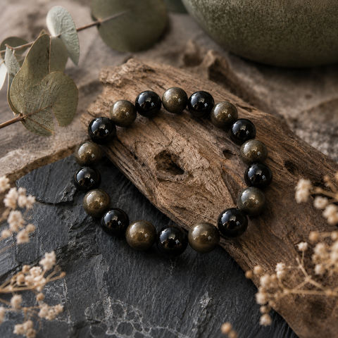 Gold Obsidian Natursteinarmband mit 8 mm großen, tiefschwarzen und bronzefarben schimmernden Perlen auf dunklem Stein, Holz und dezenten Naturelementen präsentiert.