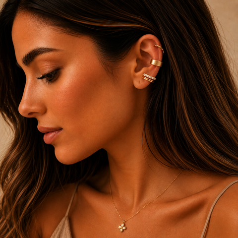 Quadratisches Portrait einer Frau mit goldenen Ear Cuffs am Ohr. Zu sehen sind ein gedrehter Ear Cuff, ein matter breiter Ear Cuff und ein doppelreihiger Zirkonia Ear Cuff in Gold. Moderner Ohrschmuck für Damen ohne Ohrloch in eleganter Nahaufnahme.