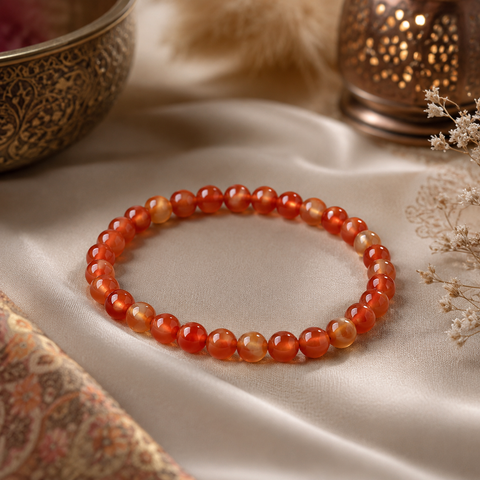 Helles Karneol-Natursteinarmband mit 6 mm großen, transparenten Perlen in Orange, Rot und Honiggelb auf einem dezenten orientalischen Stoff mit warmen Dekoelementen.