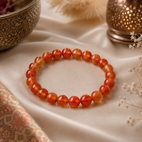 Helles Karneol-Natursteinarmband mit 8 mm großen, polierten Perlen in kräftigem Orange, Rot und sanftem Goldton auf hellem Stoff mit orientalischen Messingelementen inszeniert.