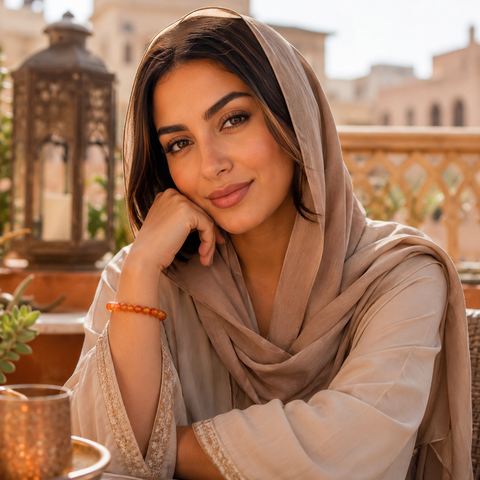 Moderne arabische Frau trägt das helle Karneol-Natursteinarmband mit 8 mm großen orange-roten Perlen zu einem beigefarbenen Outfit auf einer sonnigen orientalischen Dachterrasse.