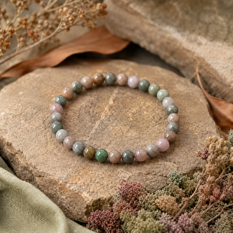 Indian Agate Natursteinarmband mit 6 mm großen, individuell gemusterten Perlen in gedecktem Grün, Rosa, Beige, Grau und Braun auf einer beigefarbenen Naturfläche mit farblich abgestimmten Trockenpflanzen.