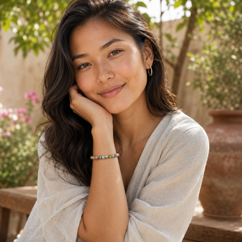 Asiatische Frau trägt das filigrane Indian Agate Natursteinarmband mit 6 mm großen, dezent mehrfarbigen Perlen am Handgelenk in einem warm beleuchteten mediterranen Garten.