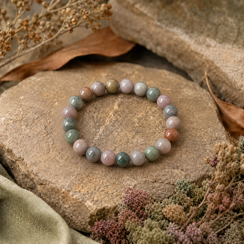 Indian Agate Natursteinarmband mit 8 mm großen, polierten Perlen in sanften Grün-, Rosa-, Grau-, Beige- und Brauntönen, natürlich auf strukturiertem Beige mit dezenten botanischen Elementen inszeniert.