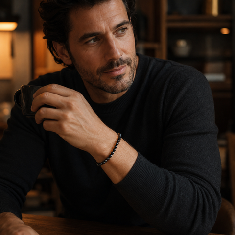 Mann mit schwarzem Pullover trägt das filigrane Java Black Obsidian Armband mit 6 mm großen schwarzen Perlen in einem warm beleuchteten, stilvollen Innenraum.