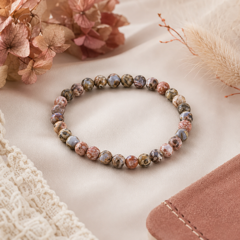 Leopard Skin Jasper Natursteinarmband mit 6 mm großen, individuell gemusterten Perlen in Rot, Beige, Grau und warmen Brauntönen auf hellem Stoff mit getrockneten Blüten präsentiert.