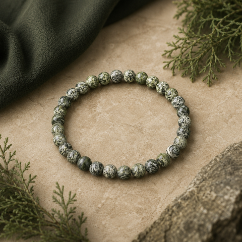 Natursteinarmband aus Green Zebra Jasper mit 6 mm Perlen in einem natürlichen, stilvollen Arrangement.