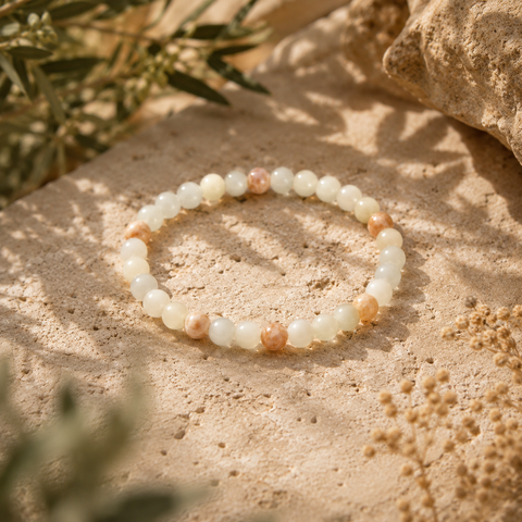 Alt-Text:
Filigranes Marokko Jade Armband mit 6 mm großen, hellen Natursteinperlen in Cremeweiß, Beige und zarten Rosétönen, hochwertig in einer natürlichen, sonnigen Umgebung inszeniert.