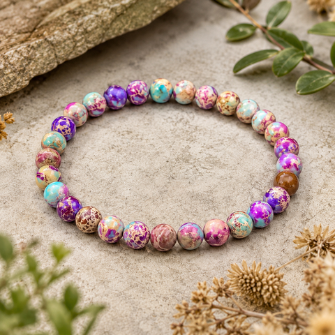 Filigranes Nerina Imperial Jade Armband mit 6 mm großen Natursteinperlen in Violett, Türkis, Rosa, Creme und warmen Erdtönen, natürlich zwischen Pflanzen und Steinen inszeniert.