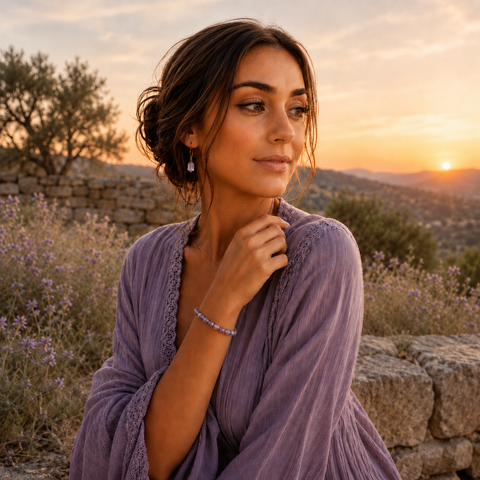 Brünette Frau präsentiert das Nerina Imperial Jade Armband mit 8 mm großen Natursteinperlen in Violett, Türkis und Rosétönen vor einer mediterranen Landschaft im warmen Abendlicht.