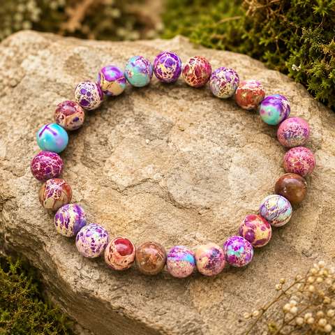 Nerina Imperial Jade Armband mit 8 mm großen, individuell gemusterten Natursteinperlen in Violett, Türkis, Pink, Creme und Braun auf einem natürlichen Felsen mit Moos.