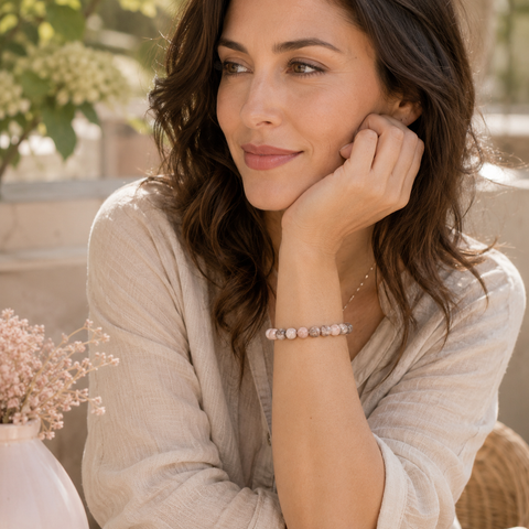 Frau trägt das Pink Zebra Jasper Natursteinarmband mit 8 mm großen rosa-grau gemusterten Perlen am Handgelenk in einer hellen, natürlichen Umgebung mit warmem Licht.