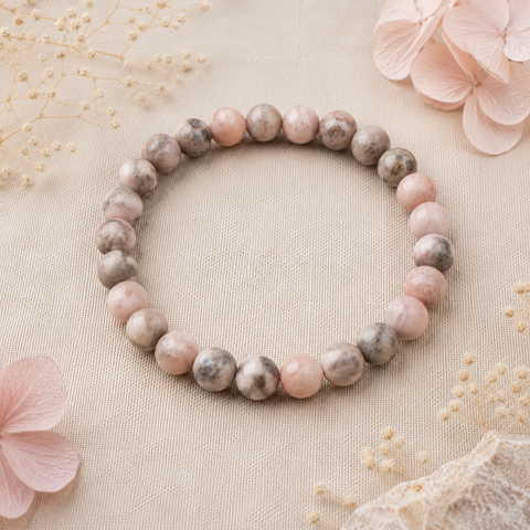 Pink Zebra Jasper Natursteinarmband mit 8 mm großen, marmorierten Perlen in Rosa, Beige, Grau und Braun auf beigefarbenem Naturstoff mit zarten floralen Akzenten.