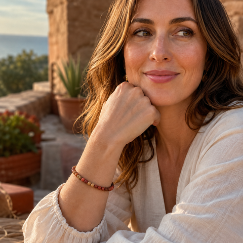 Frau trägt das Red Jasper Natursteinarmband mit 6 mm großen, matt wirkenden Perlen in warmen Rot-, Braun- und Beigetönen in einer sonnigen mediterranen Umgebung.