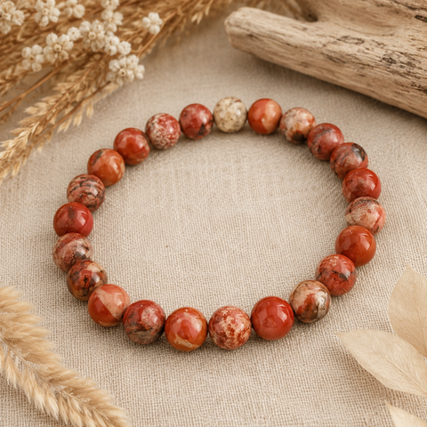 Red Jasper Natursteinarmband mit 8 mm großen, natürlich gemusterten Perlen in Rostrot, Terrakotta, Beige und Braun auf hellem Leinen mit getrockneten Gräsern und natürlichen Holzelementen.
