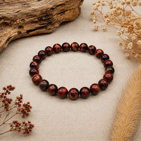 Red Tiger Eye Natursteinarmband mit 8 mm großen, glänzenden Perlen in Rotbraun, Dunkelbraun und Kupfer auf hellem Leinen mit natürlichen Trockenblumen und Holzelementen.