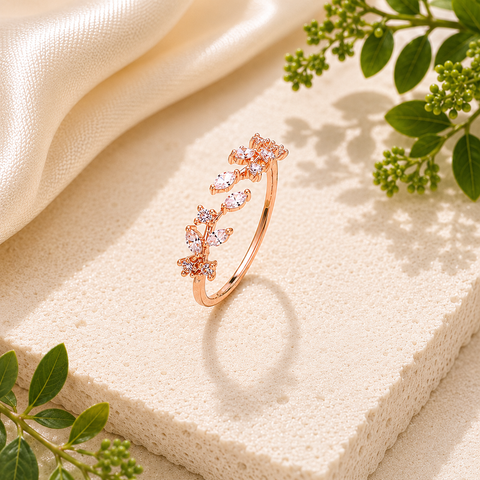 Offener Roségold Ring mit funkelnden floralen Kristallen auf hellem Naturstein. Umgeben von cremefarbenem Satin und grünen Pflanzenzweigen in einer warmen, luxuriösen Schmuckszene.