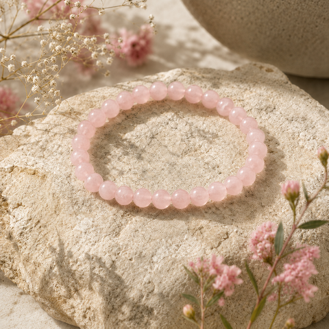 Rosenquarz-Natursteinarmband mit 6 mm großen, hellrosa Perlen auf einer natürlichen, hellen Steinoberfläche mit zarten rosa und weißen Blüten.