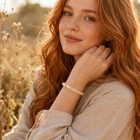 Rothaarige Frau trägt das Snow Citrine Natursteinarmband mit 8 mm großen, transparenten Perlen in warmen Gelb- und Rosétönen am Handgelenk in einer natürlichen Landschaft bei goldenem Sonnenlicht.