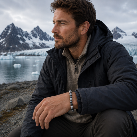 Mann trägt das Svalbard Jasper Natursteinarmband mit 8 mm großen Perlen in Creme-, Grau- und Schwarztönen vor einer eisigen Berg- und Gletscherlandschaft.